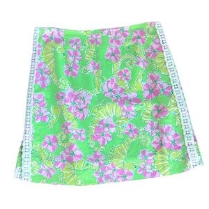 Lilly Pulitzer Vintage Floral & Seahorse Pink Green Skirt with Crochet